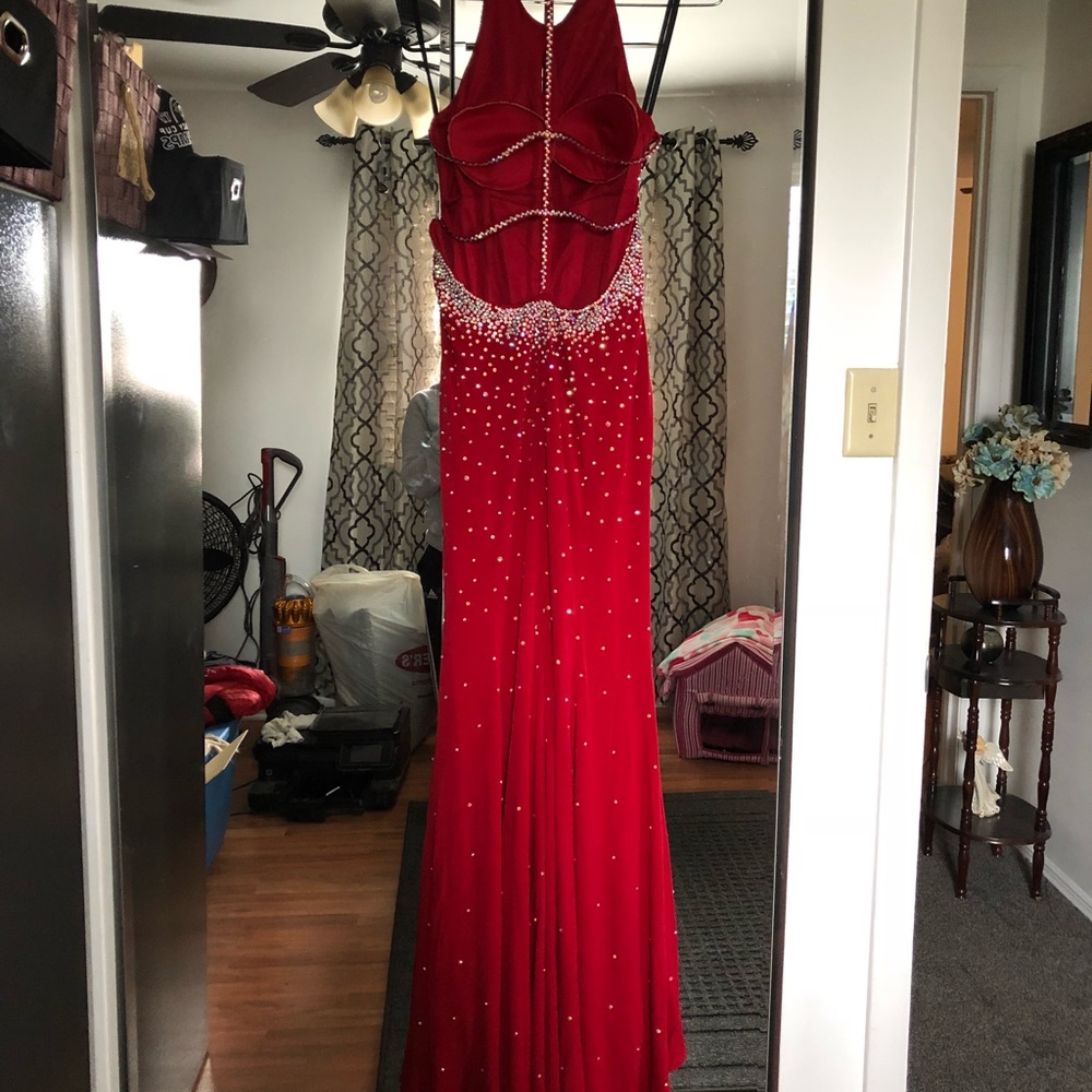 Red full length Jovan Keyhole Prom Dress w/ bustle